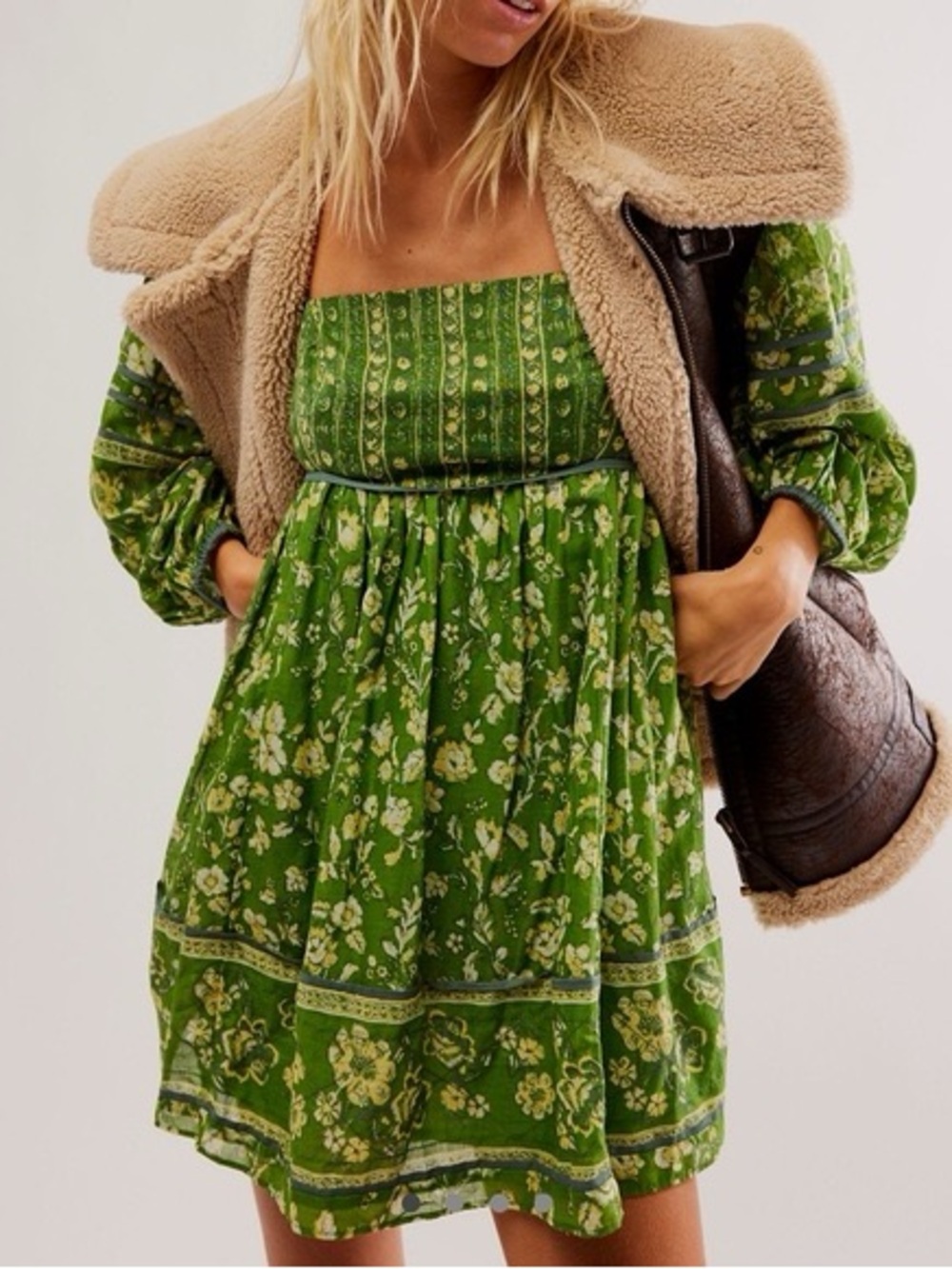 Free People Endless Afternoon Green Floral long sleeve Mini Dress